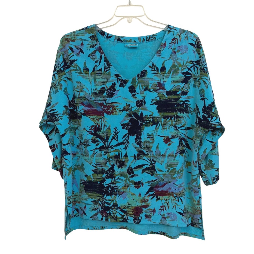 Tianello Steve Barraza Numi Tee Boho Vacation Turquoise Floral V-Neck Tencel Top